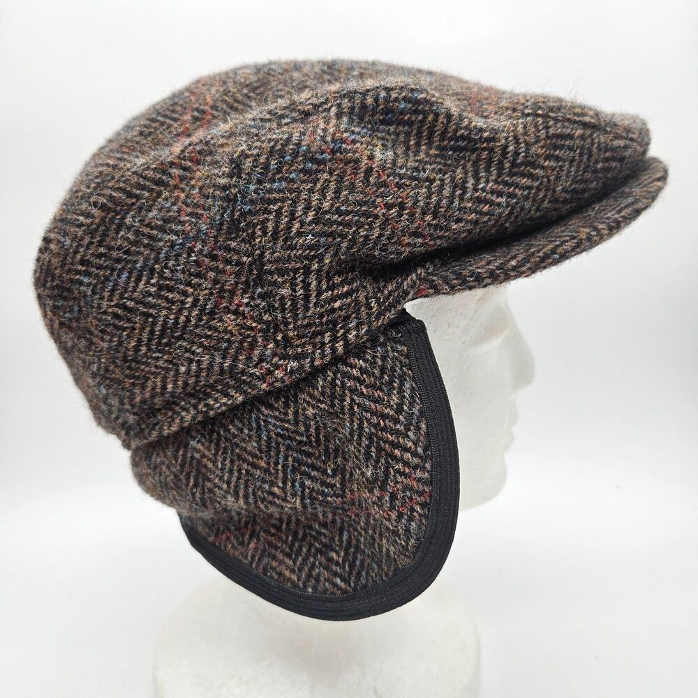 Wigens Harris Tweed Flat Cap Herringbone Newsboy Driving Ear Flap Wool Size 60